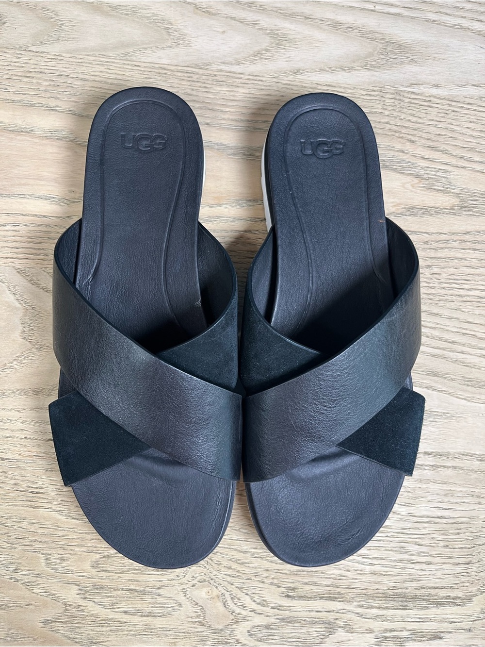 UGG Kari Black Leather Crisscross Strap Slide Sandals Women’s Size 9 - Picture 2 of 6